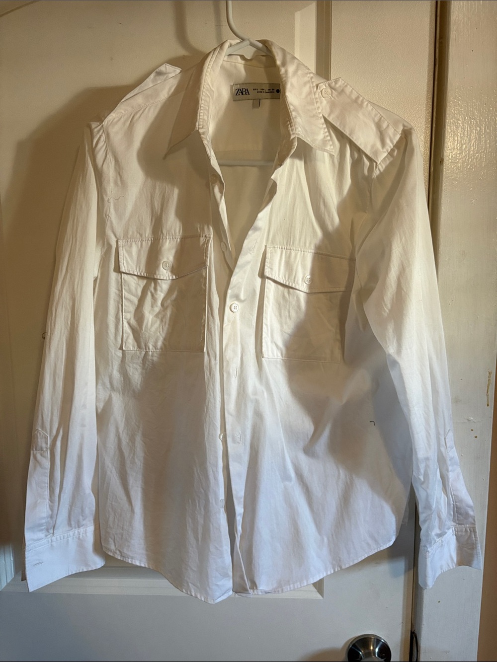Zara White Utility Shirt Jacket with Chest Flap Pockets